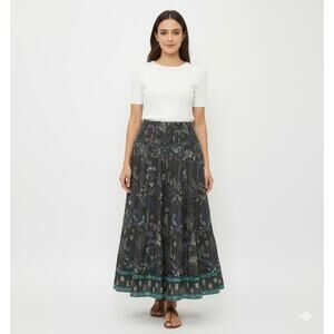 Maria Cher Black Blue Abstract Metallic Maxi Skirt 100% Cotton Women size Large